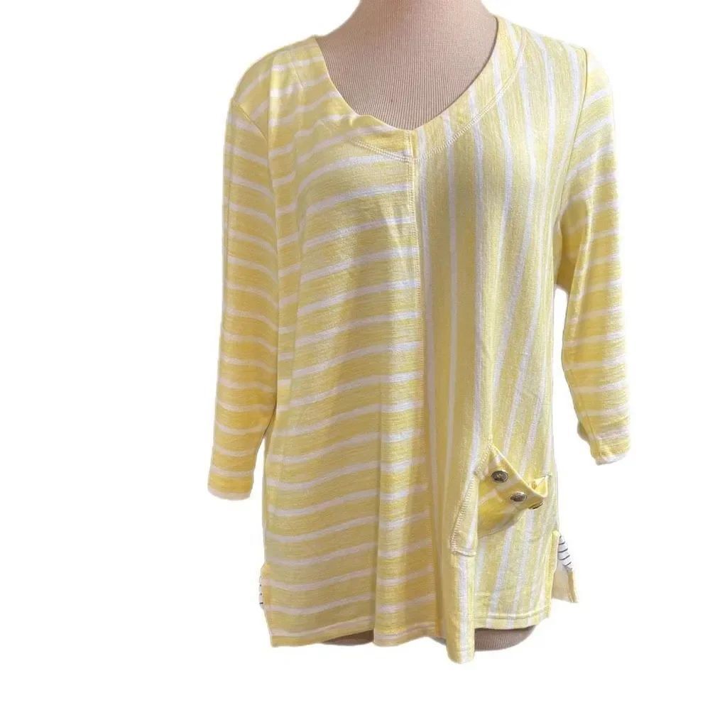 Onque Casuals Yellow White Stripe Lagenlook Tunic Top Size XL
